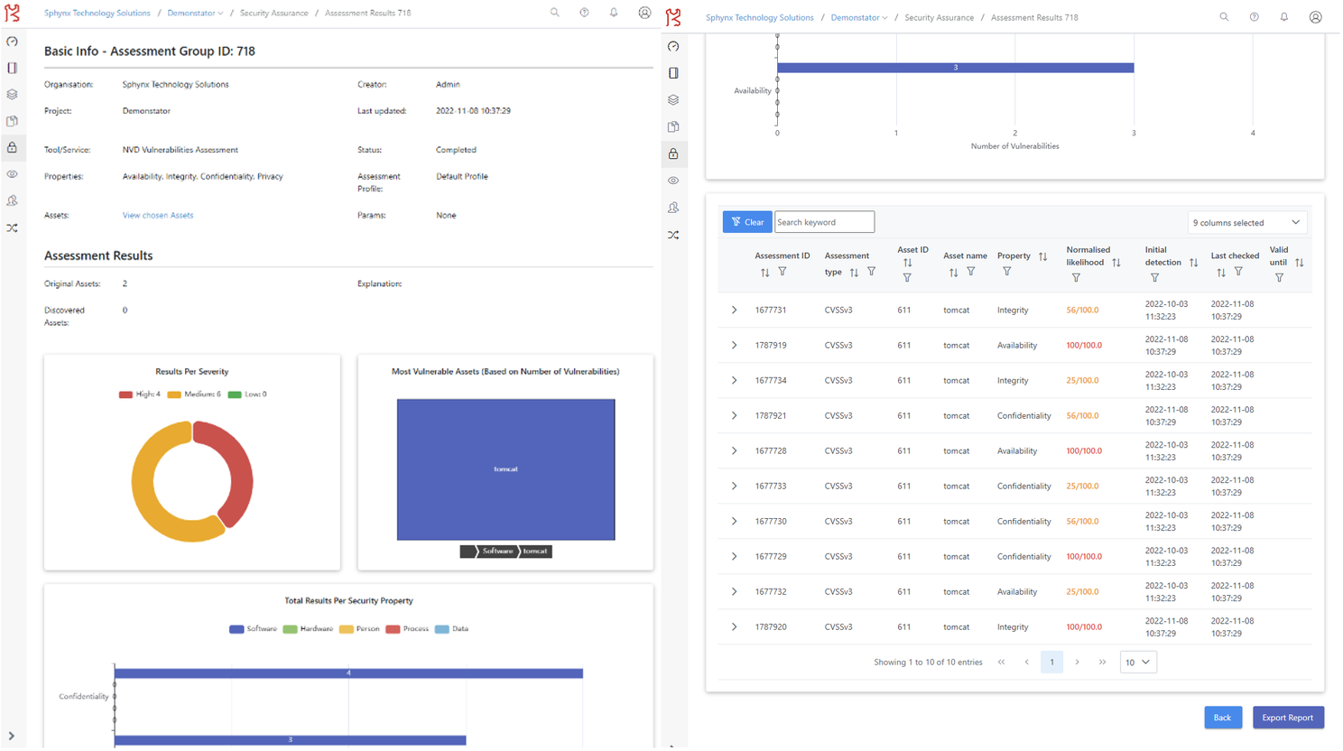 Sample of an assessment results screen (in this case NVD assessment) within the SAP front end (overview left, detailed findings right).